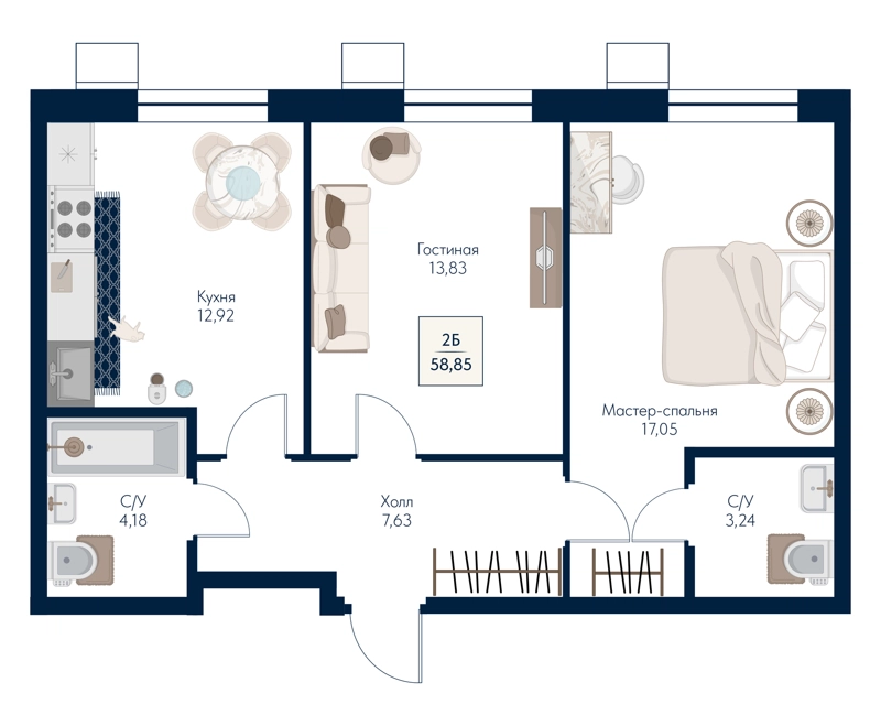 2-комнатная квартира 58.85 м² Бархат