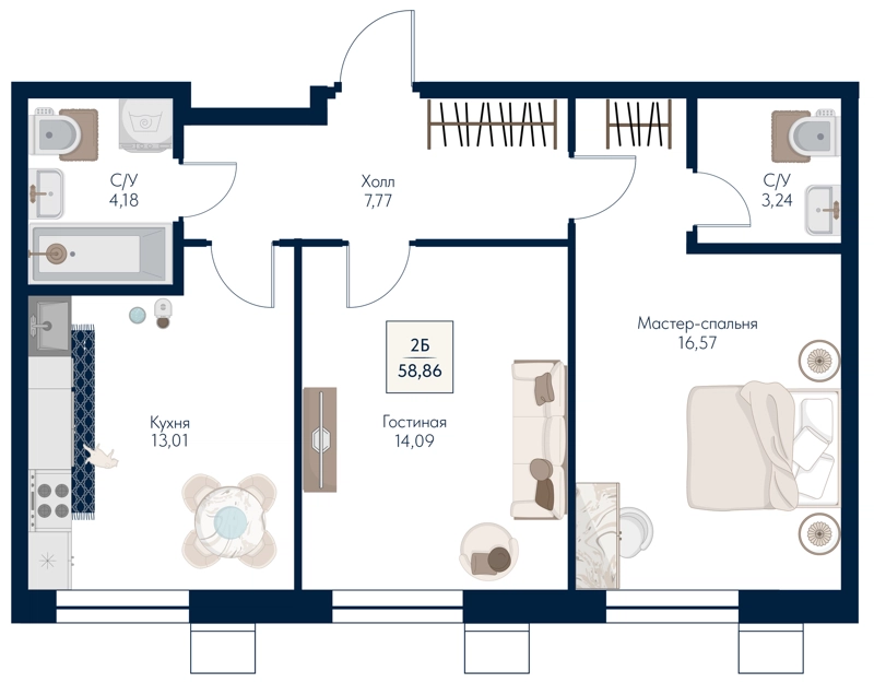 2-комнатная квартира 58.86 м² Бархат
