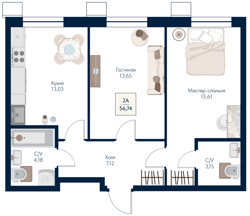 2-комнатная квартира 56.74 м² Бархат
