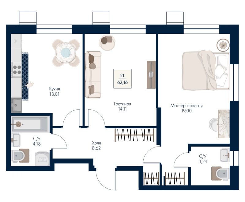2-комнатная квартира 62.16 м² Бархат