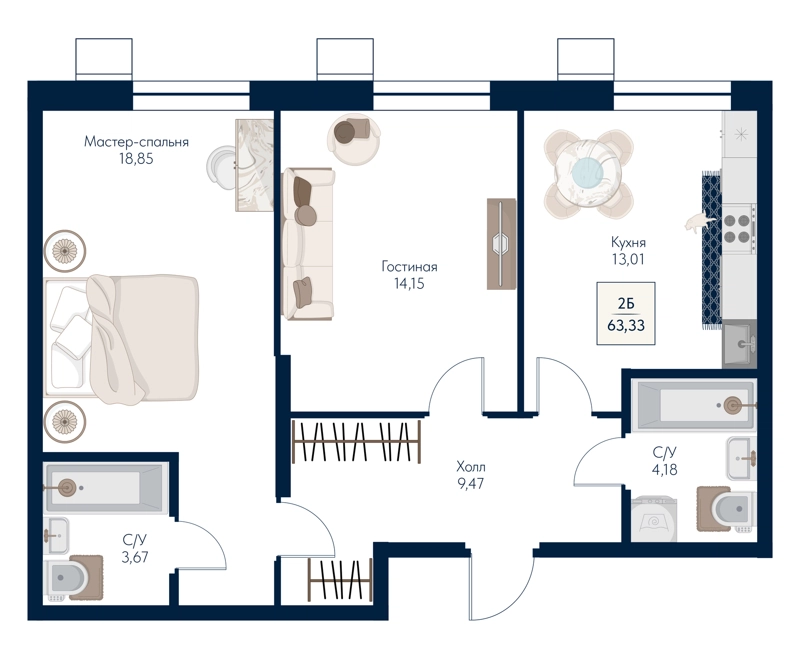 2-комнатная квартира 63.33 м² Бархат
