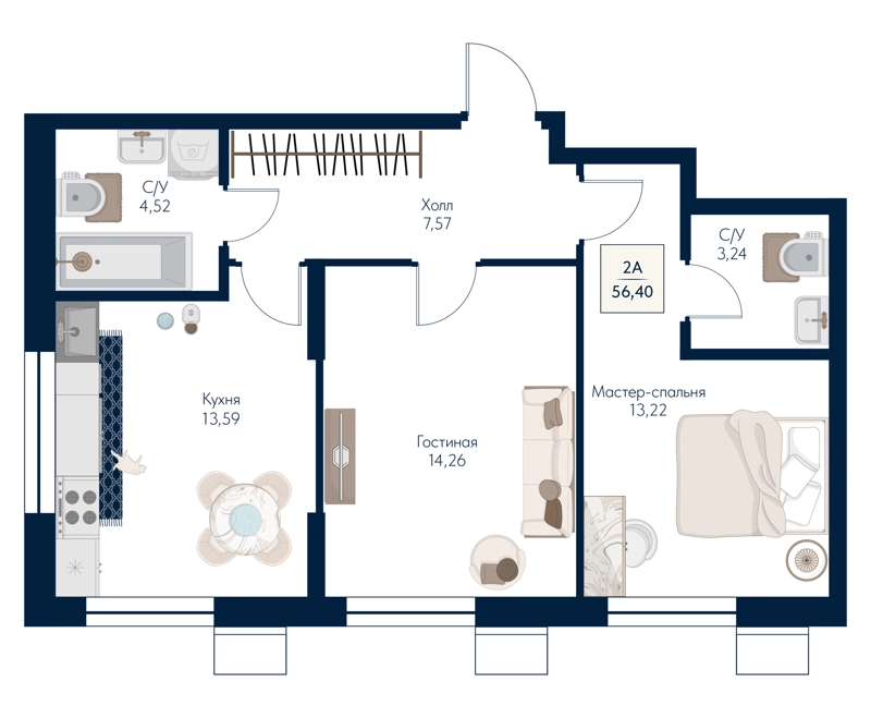 2-комнатная квартира 56.4 м² Бархат