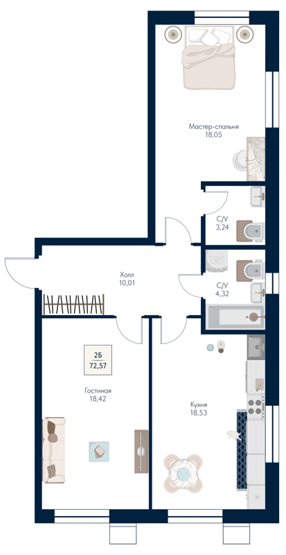 2-комнатная квартира 72.57 м² Бархат