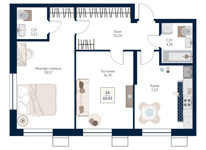 2-комнатная квартира 65.02 м² Бархат