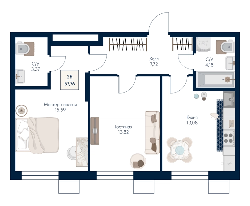 2-комнатная квартира 57.76 м² Бархат