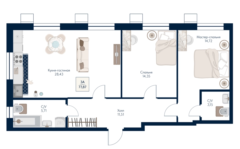 3-комнатная квартира 77.87 м² Бархат