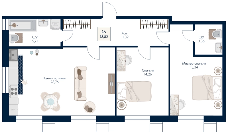 3-комнатная квартира 78.82 м² Бархат