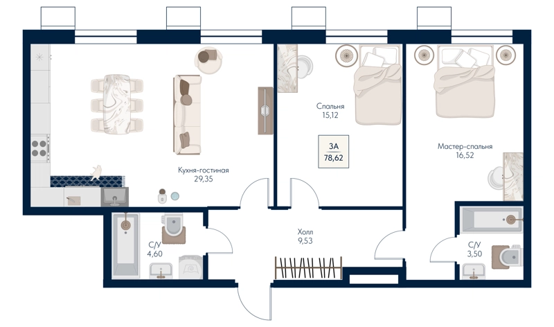 3-комнатная квартира 78.62 м² Бархат