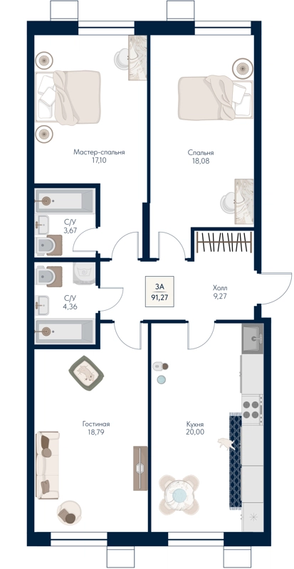 3-комнатная квартира 91.27 м² Бархат