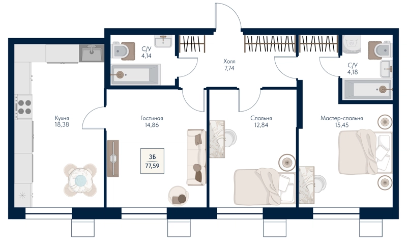 3-комнатная квартира 77.59 м² Бархат