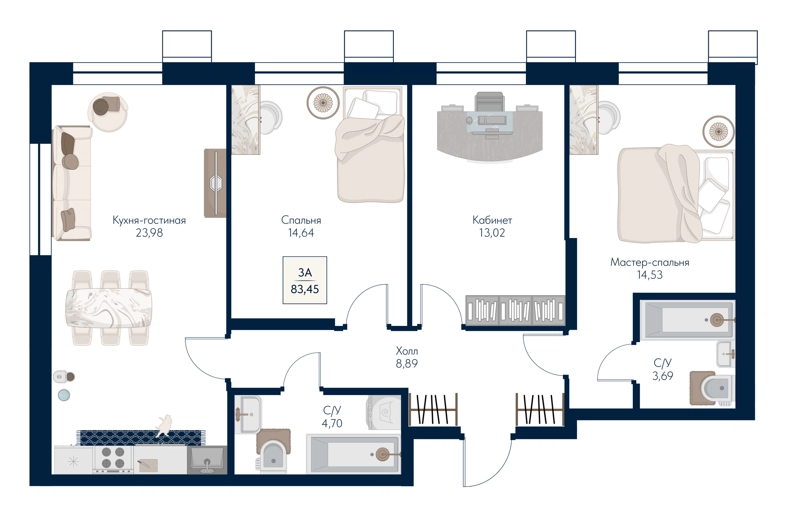 3-комнатная квартира 83.45 м² Бархат