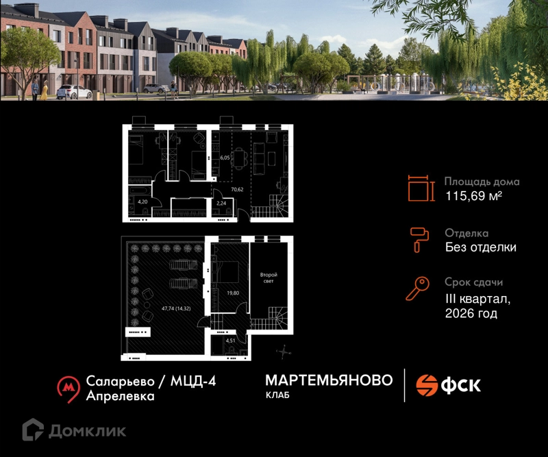 3-комнатная квартира 115.69 м² Мартемьяново Клаб