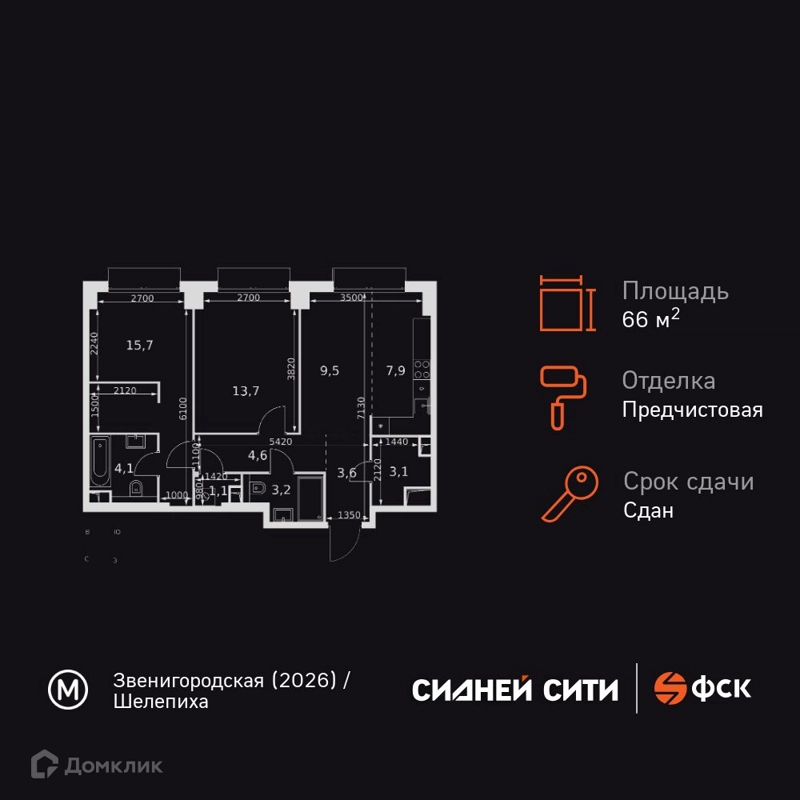 2-комнатная квартира 66.5 м² Сидней Сити