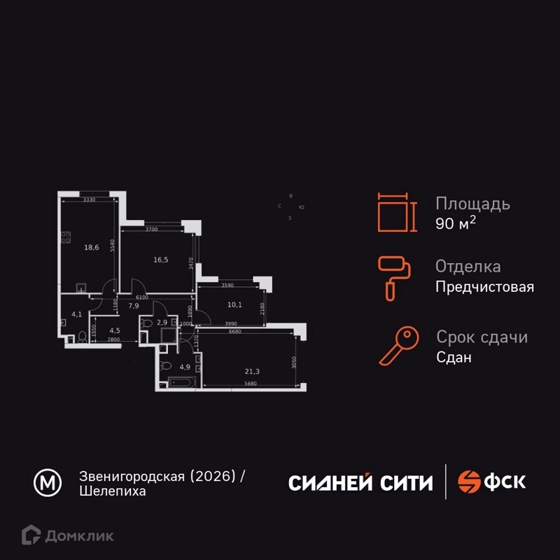 3-комнатная квартира 90.8 м² Сидней Сити