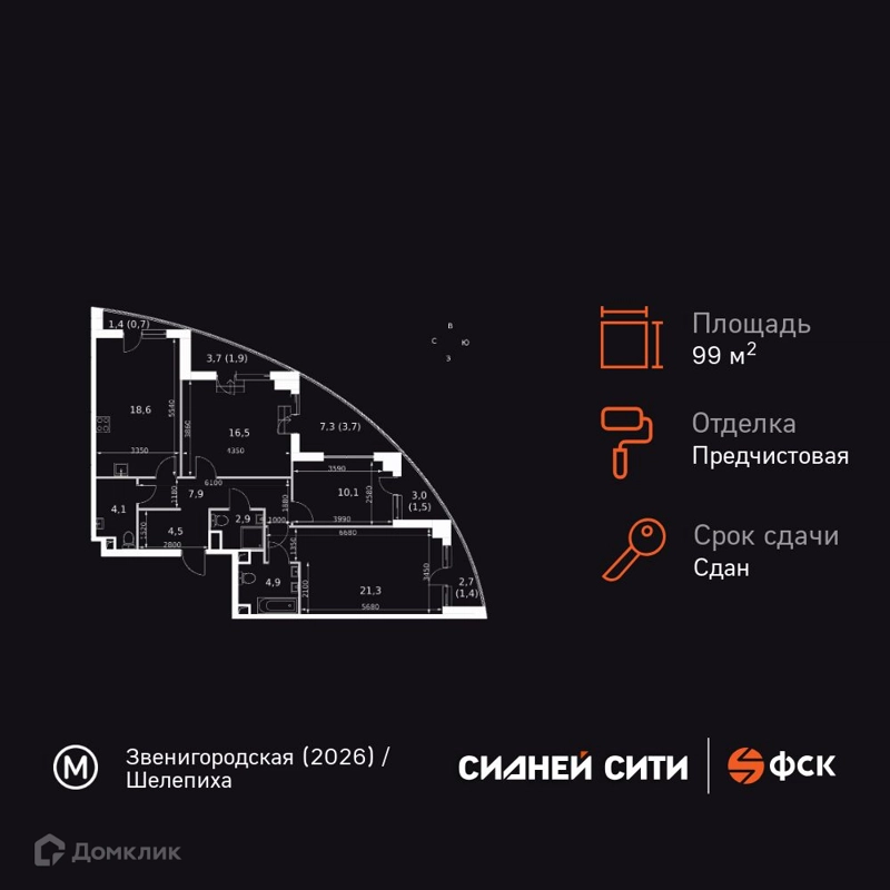 3-комнатная квартира 99.5 м² Сидней Сити