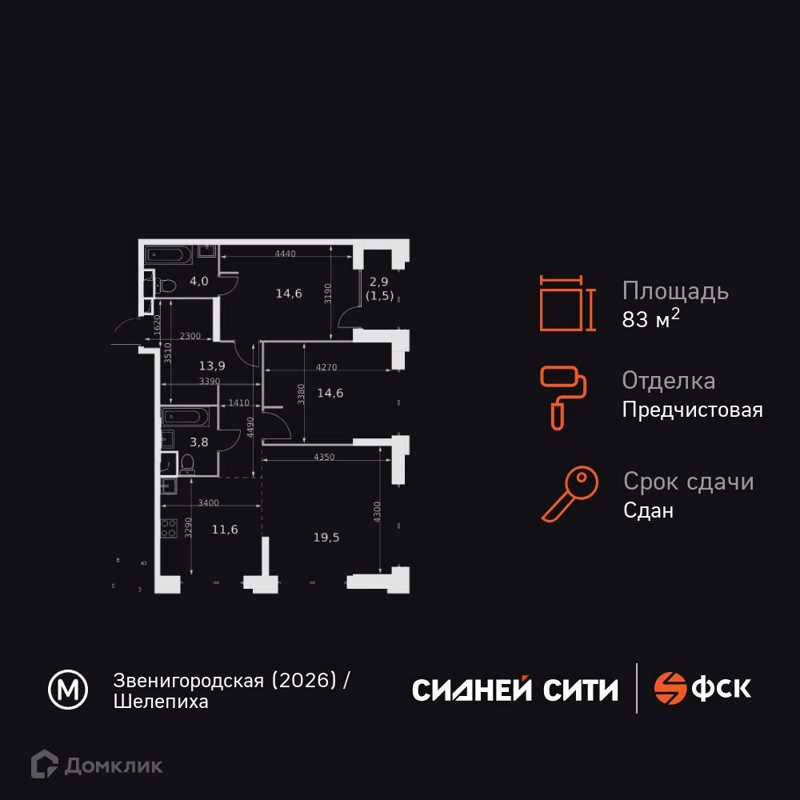 3-комнатная квартира 83.5 м² Сидней Сити