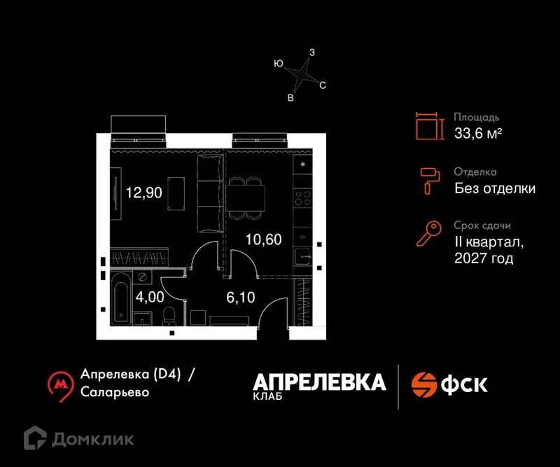 1-комнатная квартира 33.6 м² Апрелевка Клаб