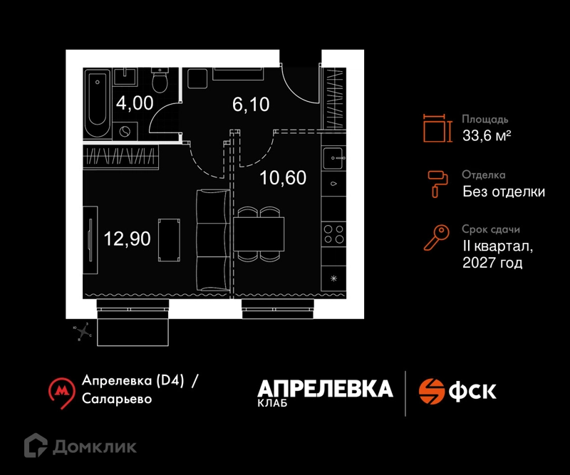 1-комнатная квартира 33.6 м² Апрелевка Клаб