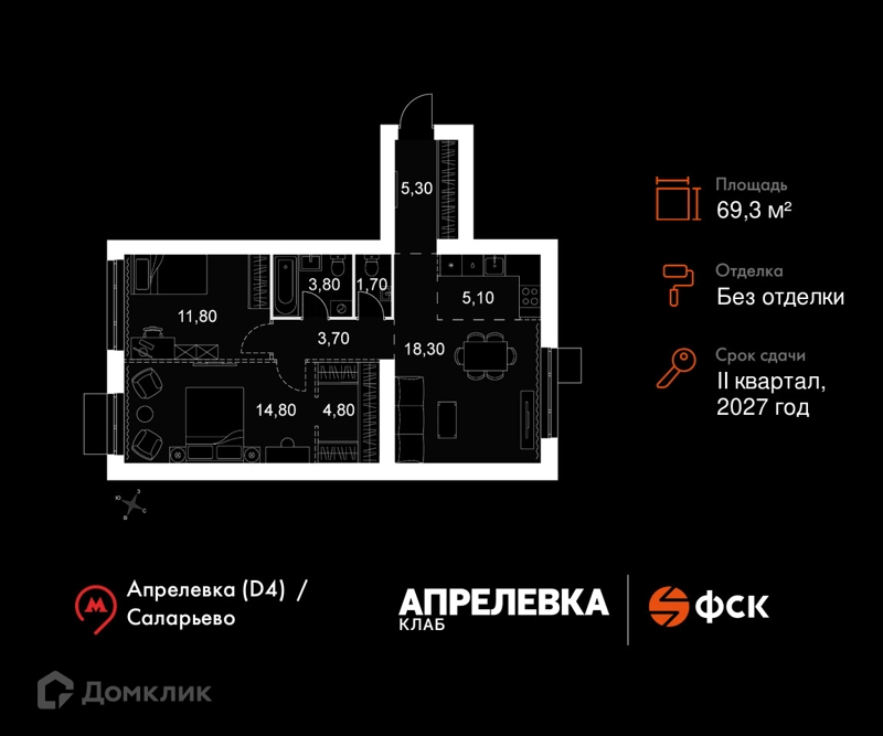 3-комнатная квартира 69.3 м² Апрелевка Клаб