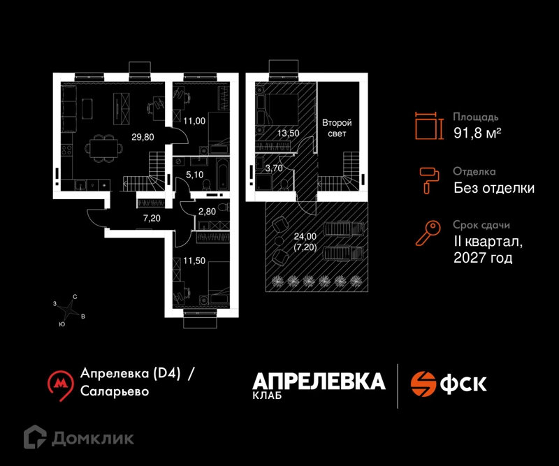 4-комнатная квартира 91.8 м² Апрелевка Клаб