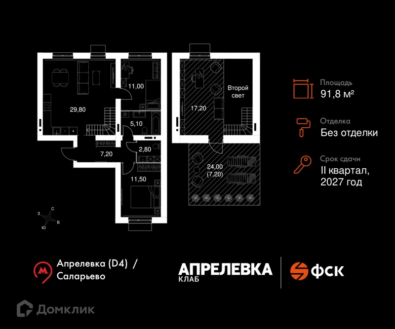 4-комнатная квартира 91.8 м² Апрелевка Клаб