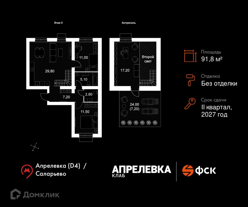 4-комнатная квартира 91.8 м² Апрелевка Клаб