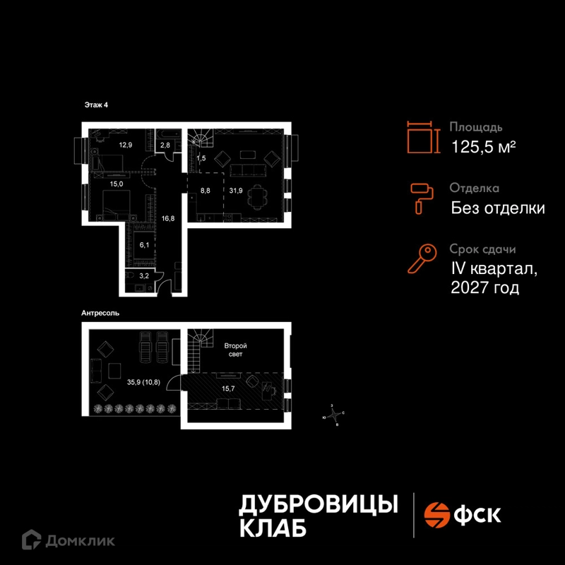 4-комнатная квартира 125.5 м² Дубровицы Клаб