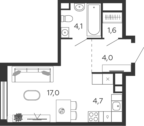 Студия 31.5 м² Шагал