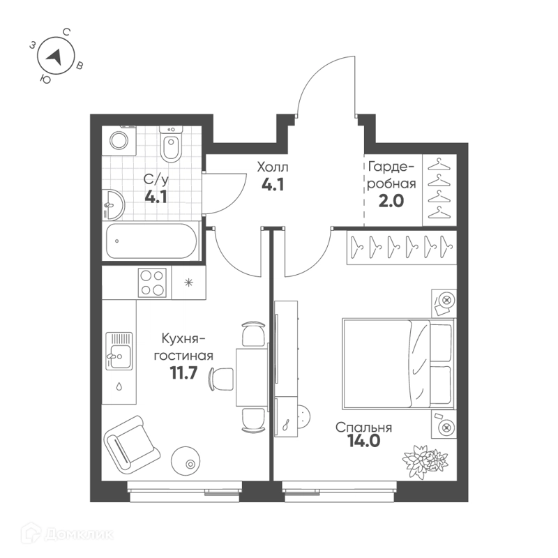 1-комнатная квартира 35.9 м² Шагал
