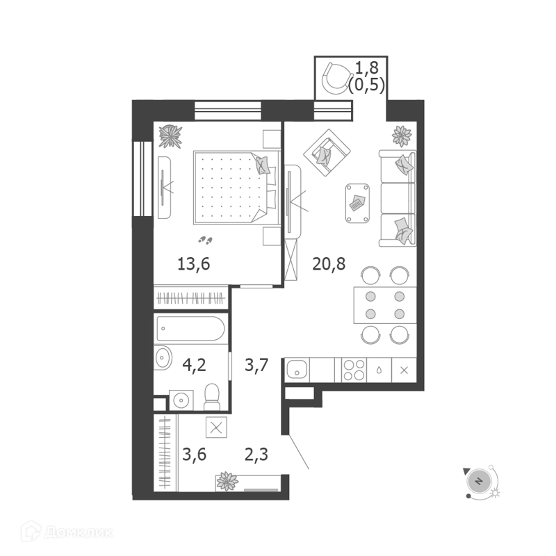 1-комнатная квартира 48.7 м² Шагал