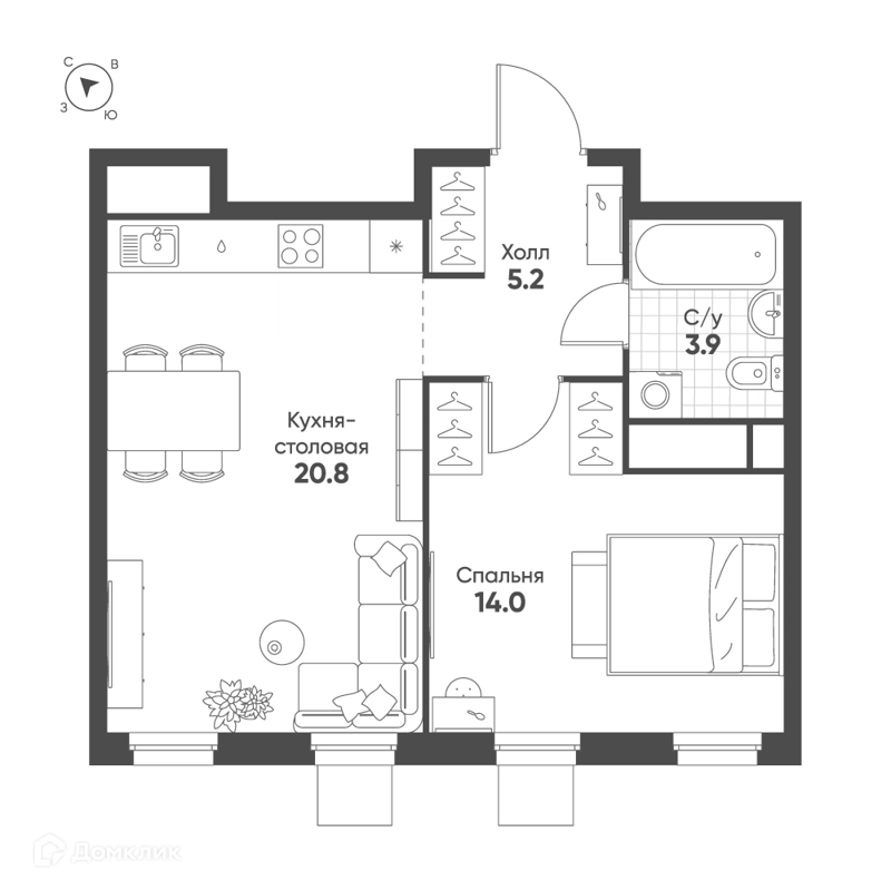 1-комнатная квартира 43.9 м² Шагал