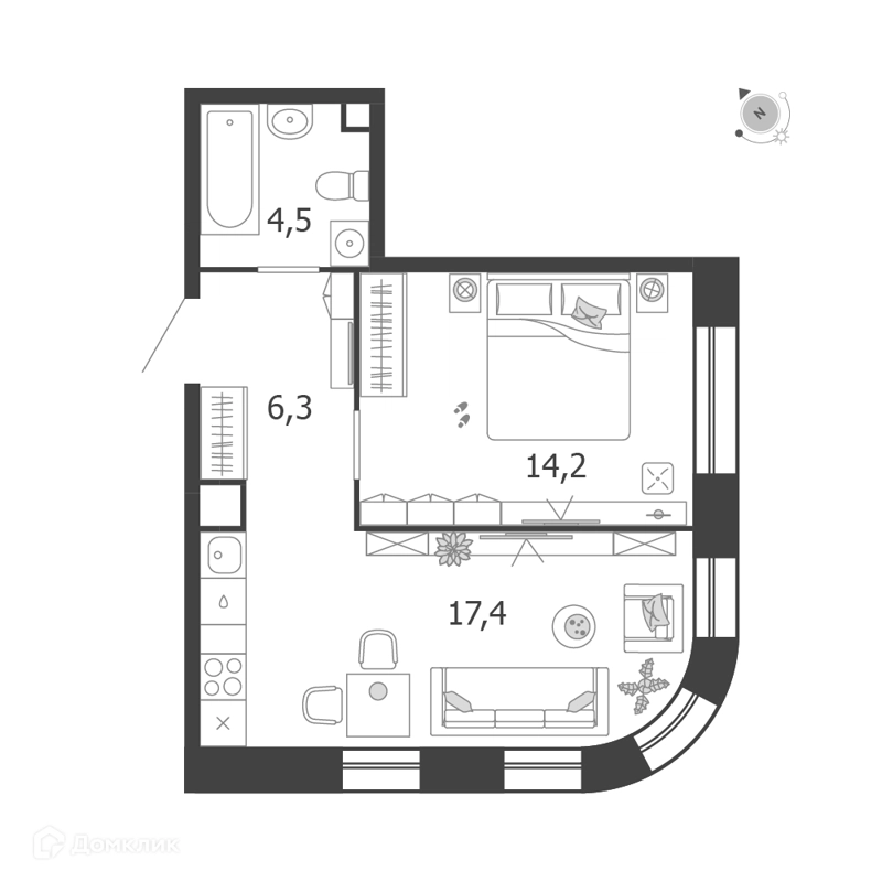 1-комнатная квартира 42.4 м² Шагал