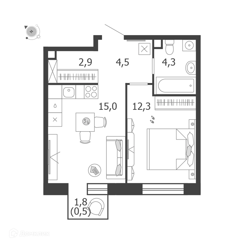1-комнатная квартира 39.5 м² Шагал