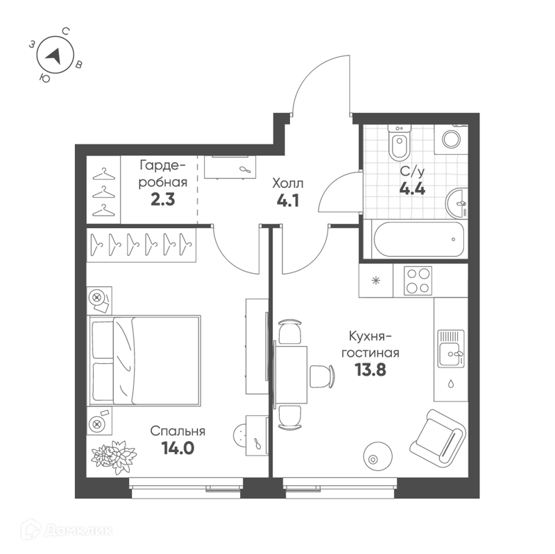 1-комнатная квартира 38.6 м² Шагал