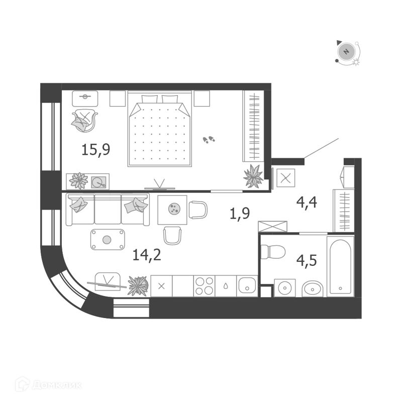 1-комнатная квартира 40.9 м² Шагал