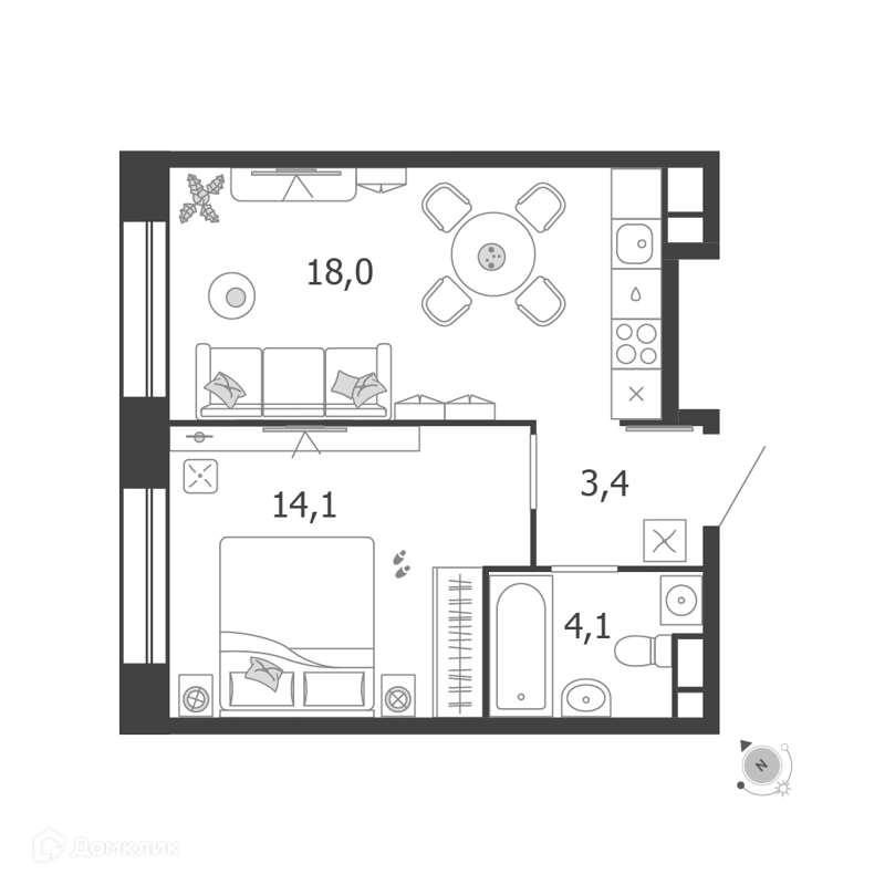 1-комнатная квартира 39.6 м² Шагал