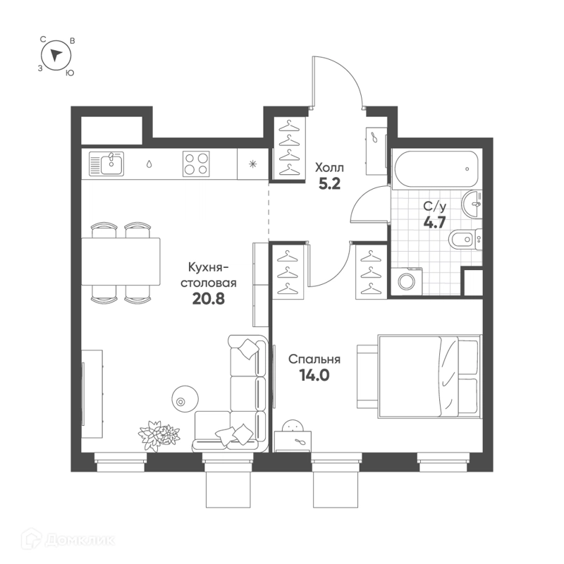 1-комнатная квартира 44.7 м² Шагал