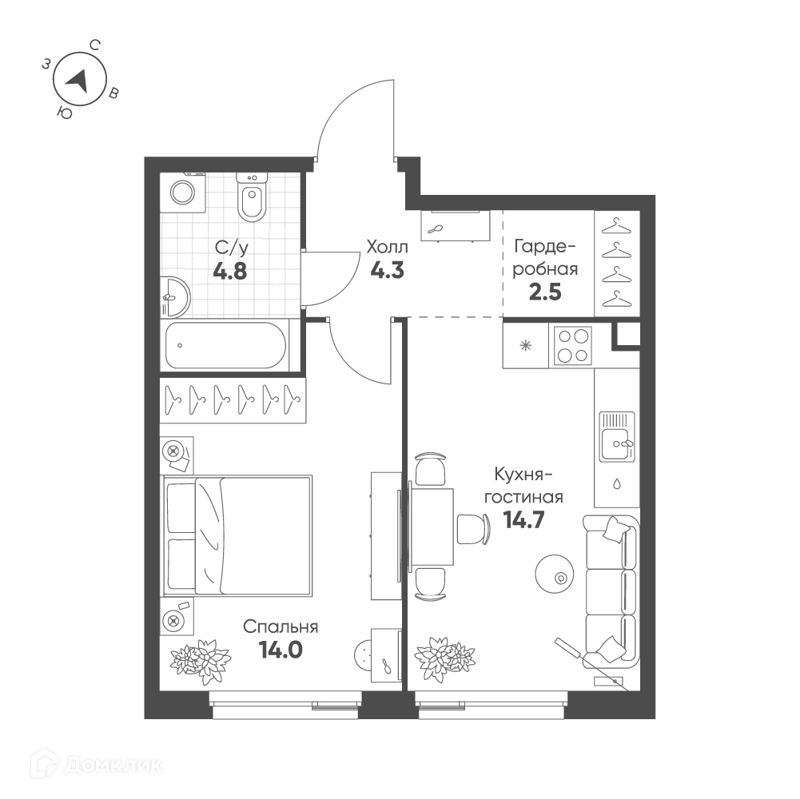 1-комнатная квартира 40.3 м² Шагал