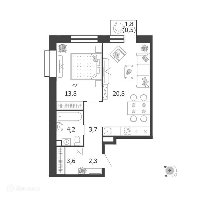 1-комнатная квартира 48.9 м² Шагал