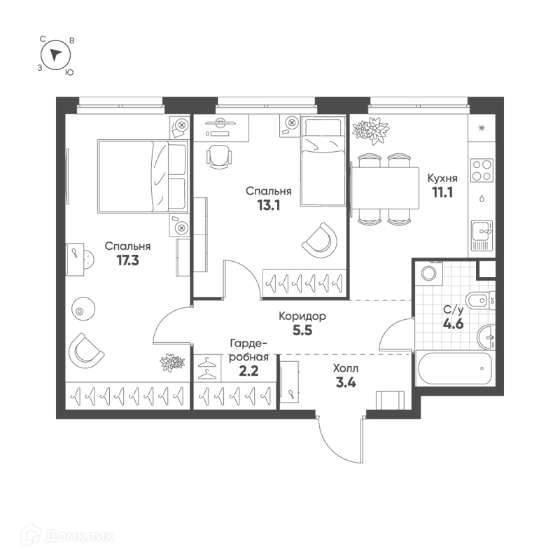 2-комнатная квартира 57.2 м² Шагал