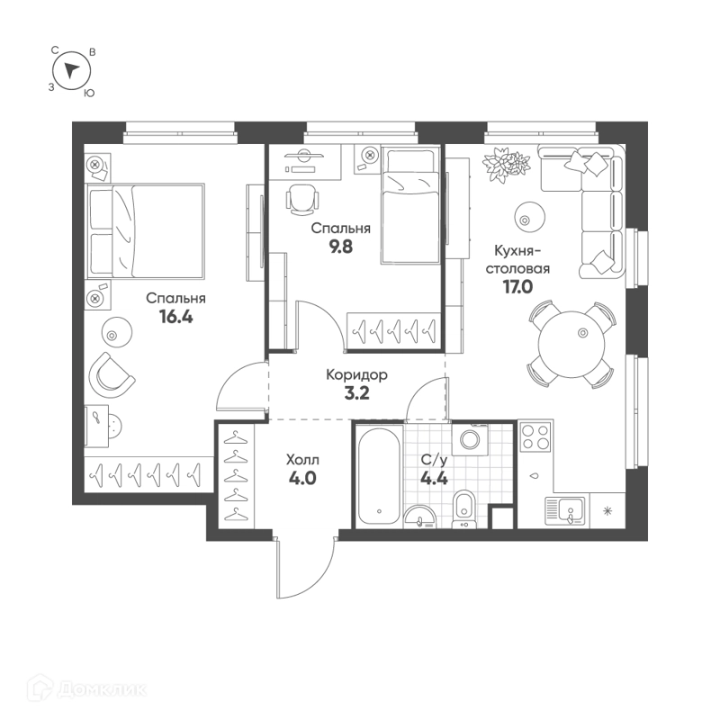 2-комнатная квартира 54.8 м² Шагал