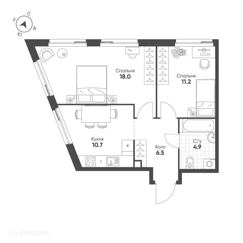 2-комнатная квартира 51.3 м² Шагал