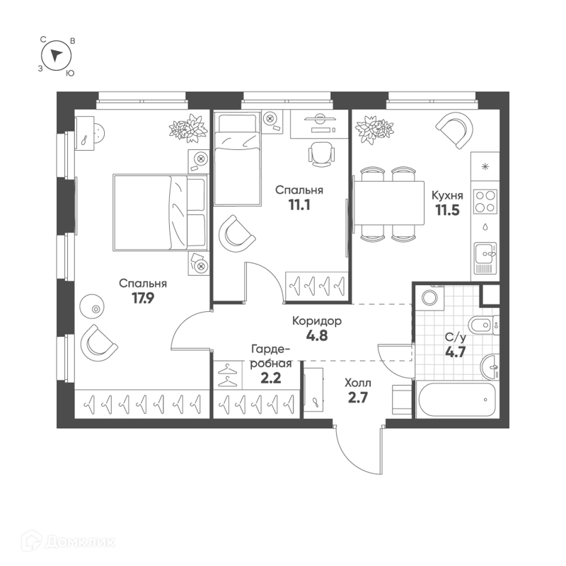 2-комнатная квартира 54.9 м² Шагал