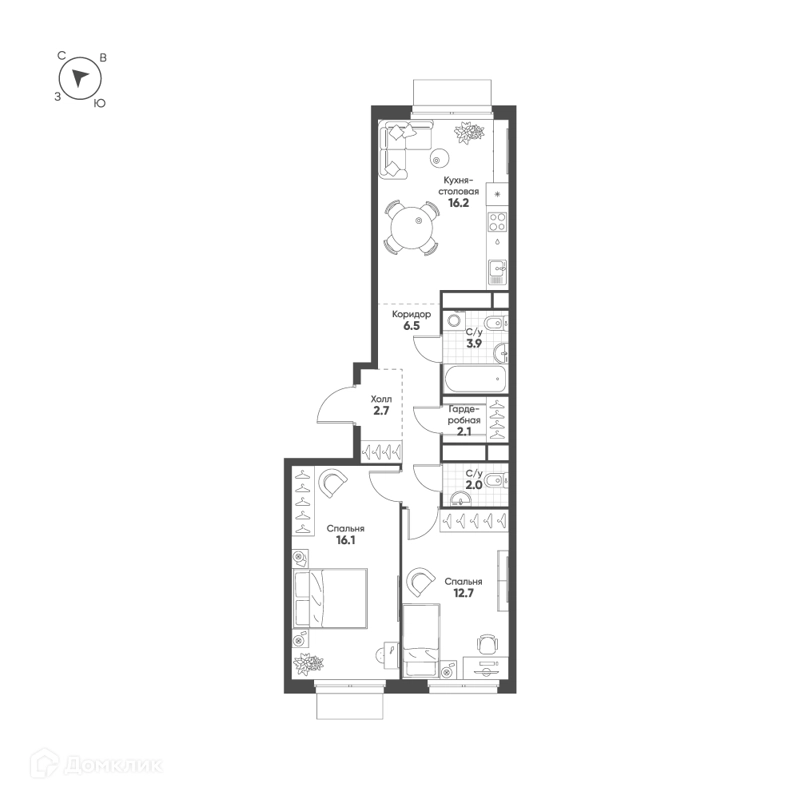 2-комнатная квартира 62.2 м² Шагал