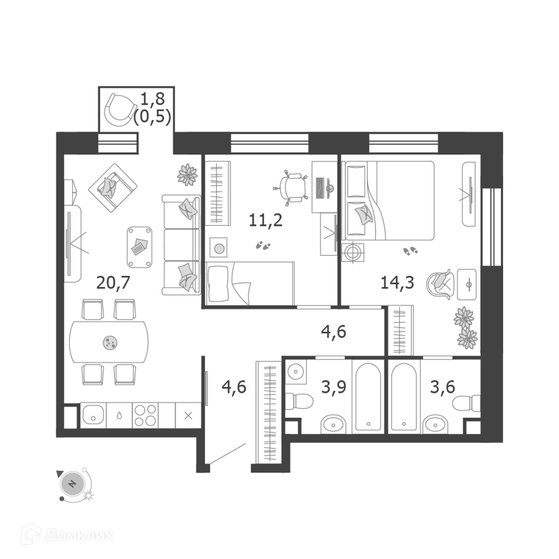 2-комнатная квартира 63.4 м² Шагал