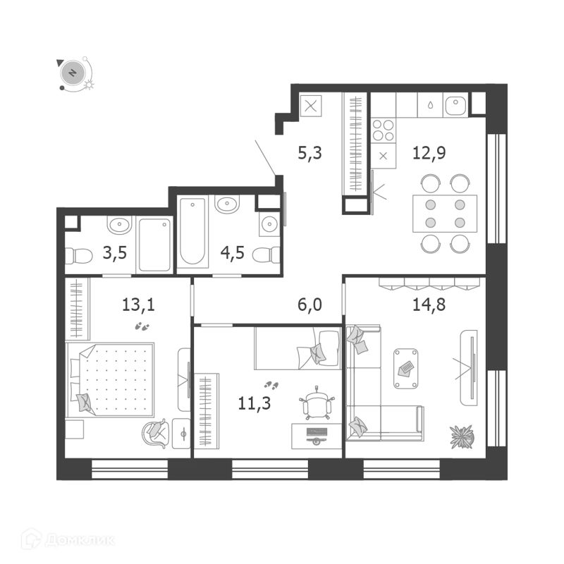 3-комнатная квартира 71.4 м² Шагал