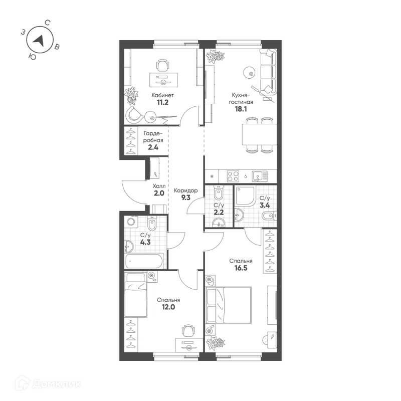 3-комнатная квартира 81.4 м² Шагал
