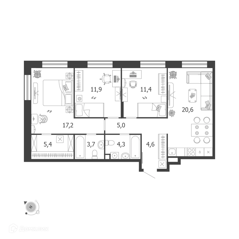 3-комнатная квартира 84.6 м² Шагал