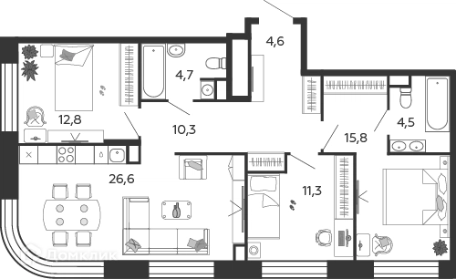 3-комнатная квартира 90.2 м² Шагал