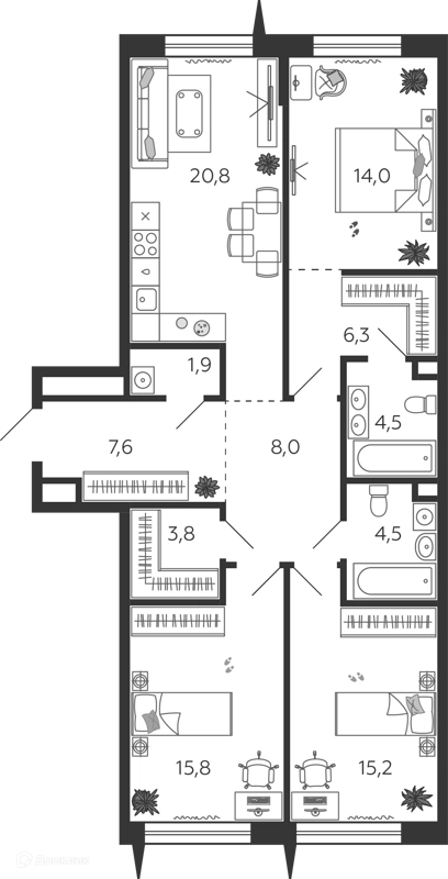 3-комнатная квартира 102.9 м² Шагал